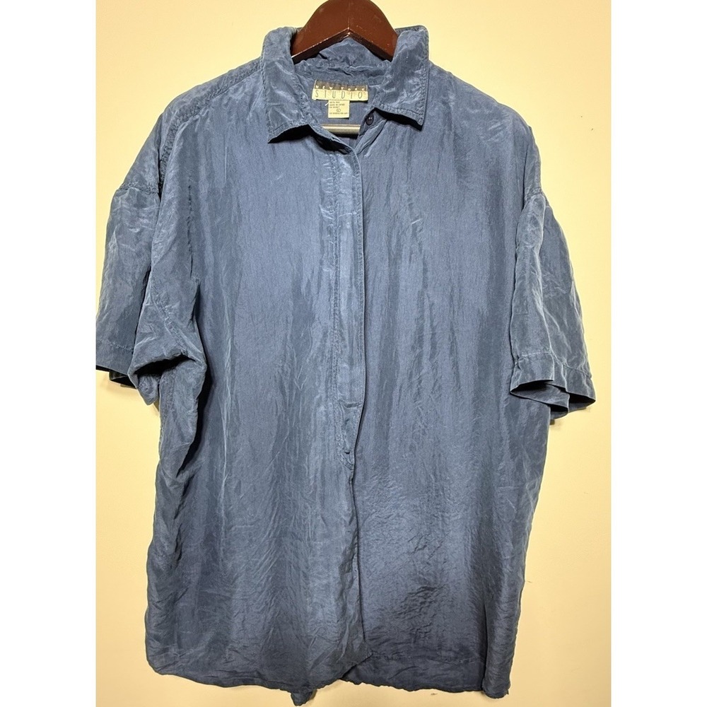 Vintage New York Studio 100% Silk Blue  Oversized Tunic Shirt L Minimalist 90s